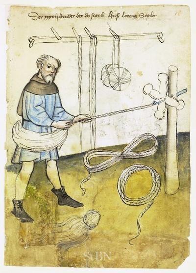 Średniowieczny wytwórca lin, za: Hausbuch der Mendelschen Zwölfbrüderstiftung, Band 1. Nürnberg 1426–1549. Średniowieczny wytwórca