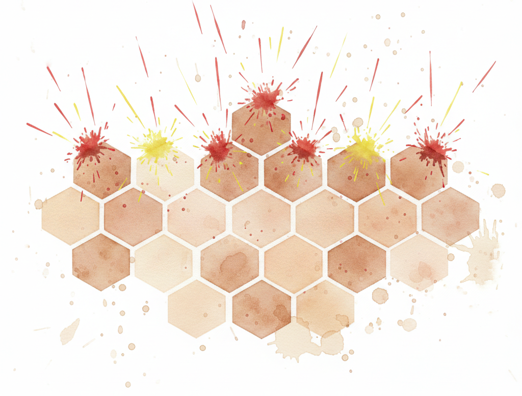 Abstrakcja: uderzenia kolorowych plam w komórki (sześciokąty)