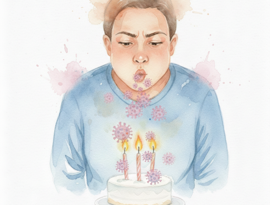 Rysunek pokazujący chłopca, który dmucha świeczki na torcie, a równocześnie rozsiewa drobnoustroje